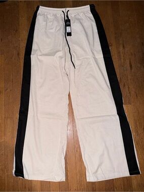 FASHION NOVA Cream Wide Leg Linen Pants with Black Side Stripes, Large